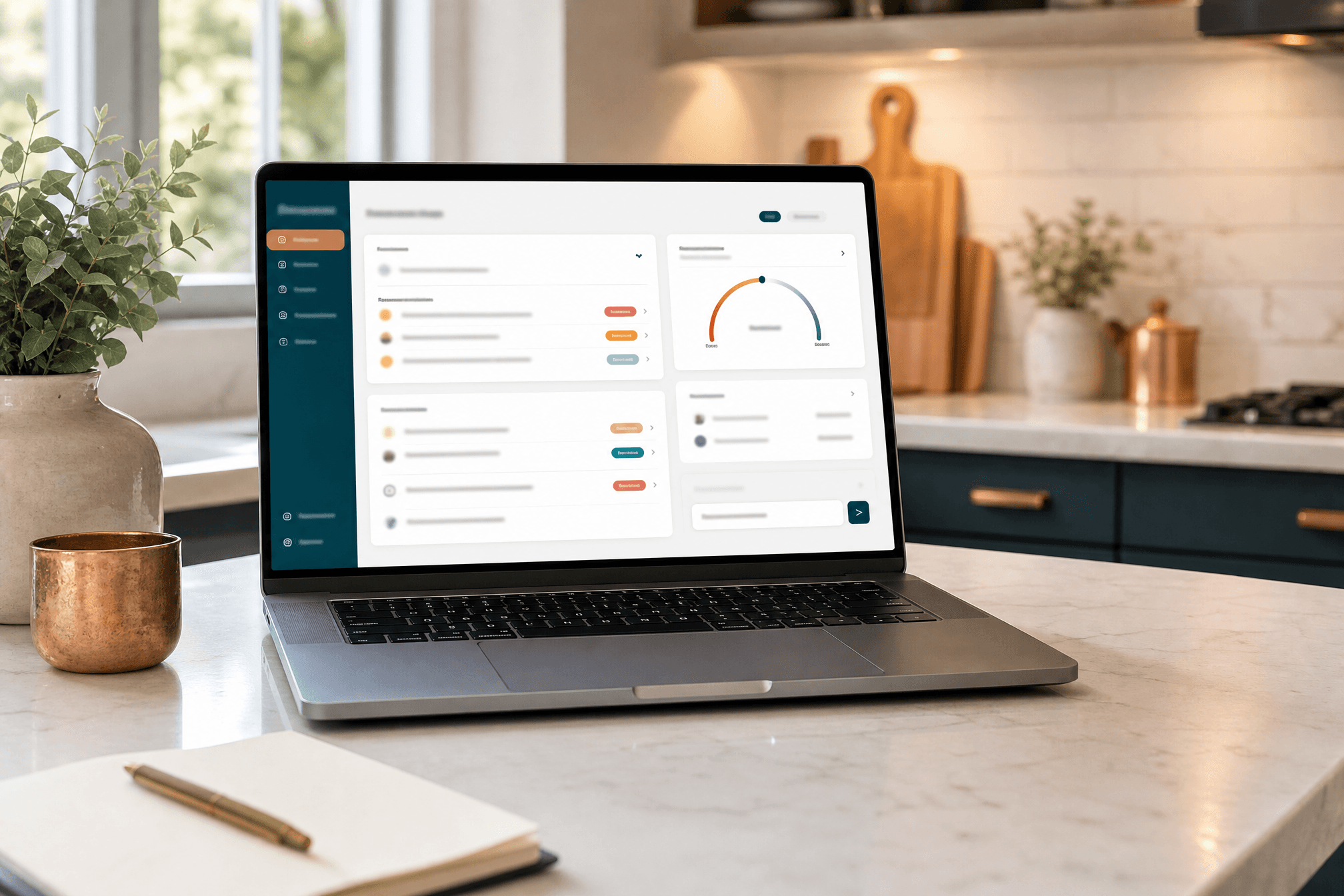 Structured home diagnosis dashboard on a laptop in a kitchen