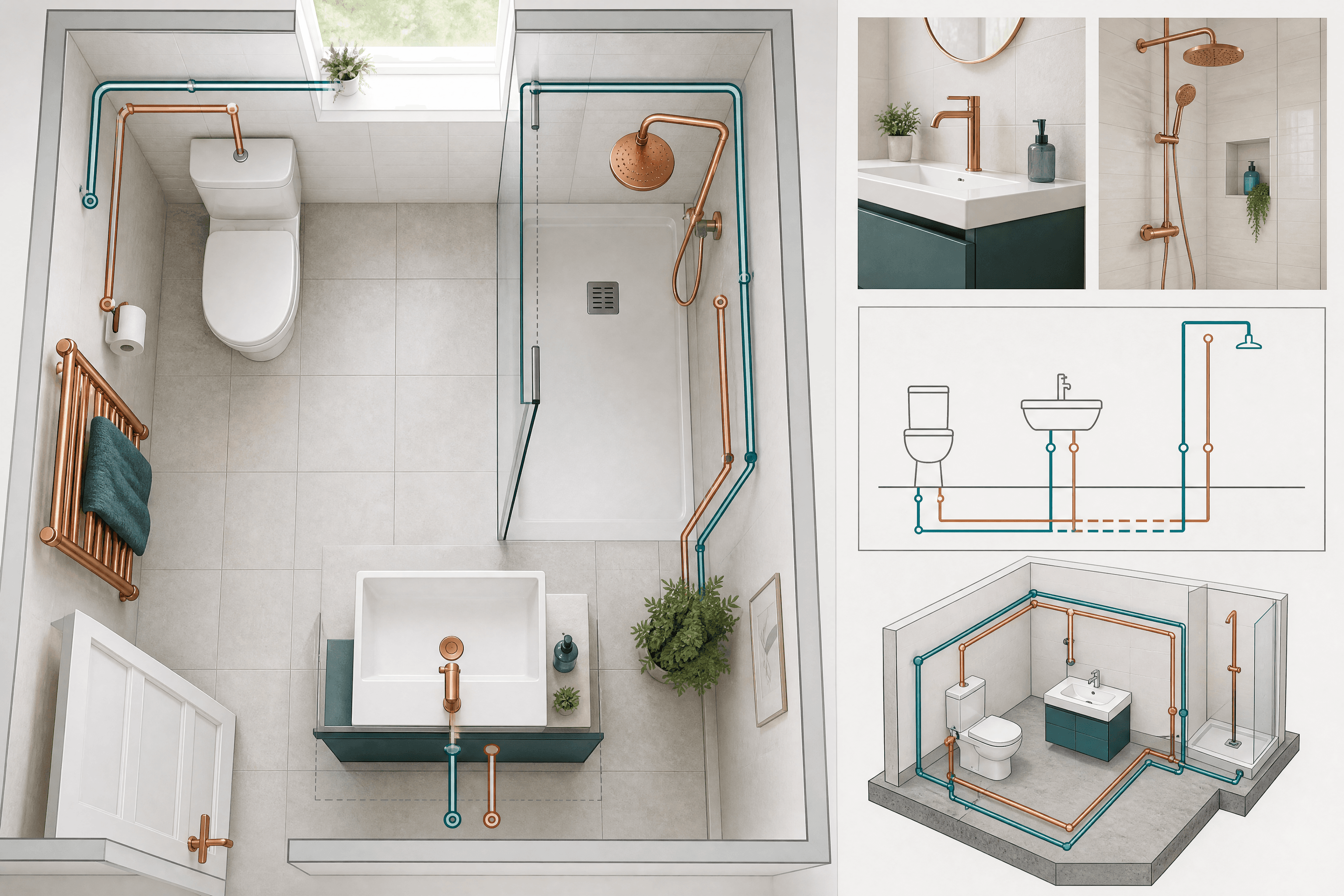 Illustrative top-down bathroom fixture layout plan