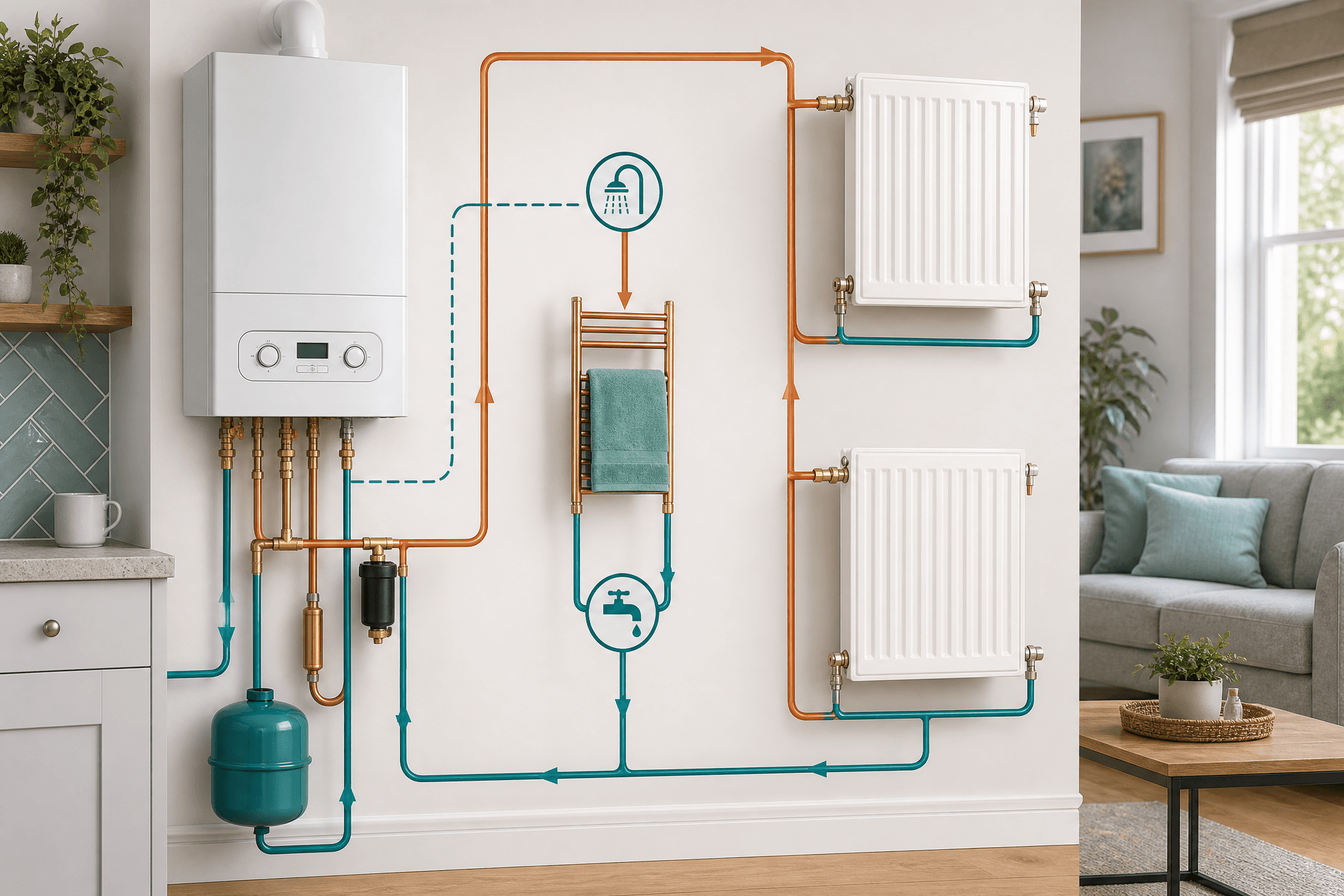 Illustrative combi boiler central heating schematic