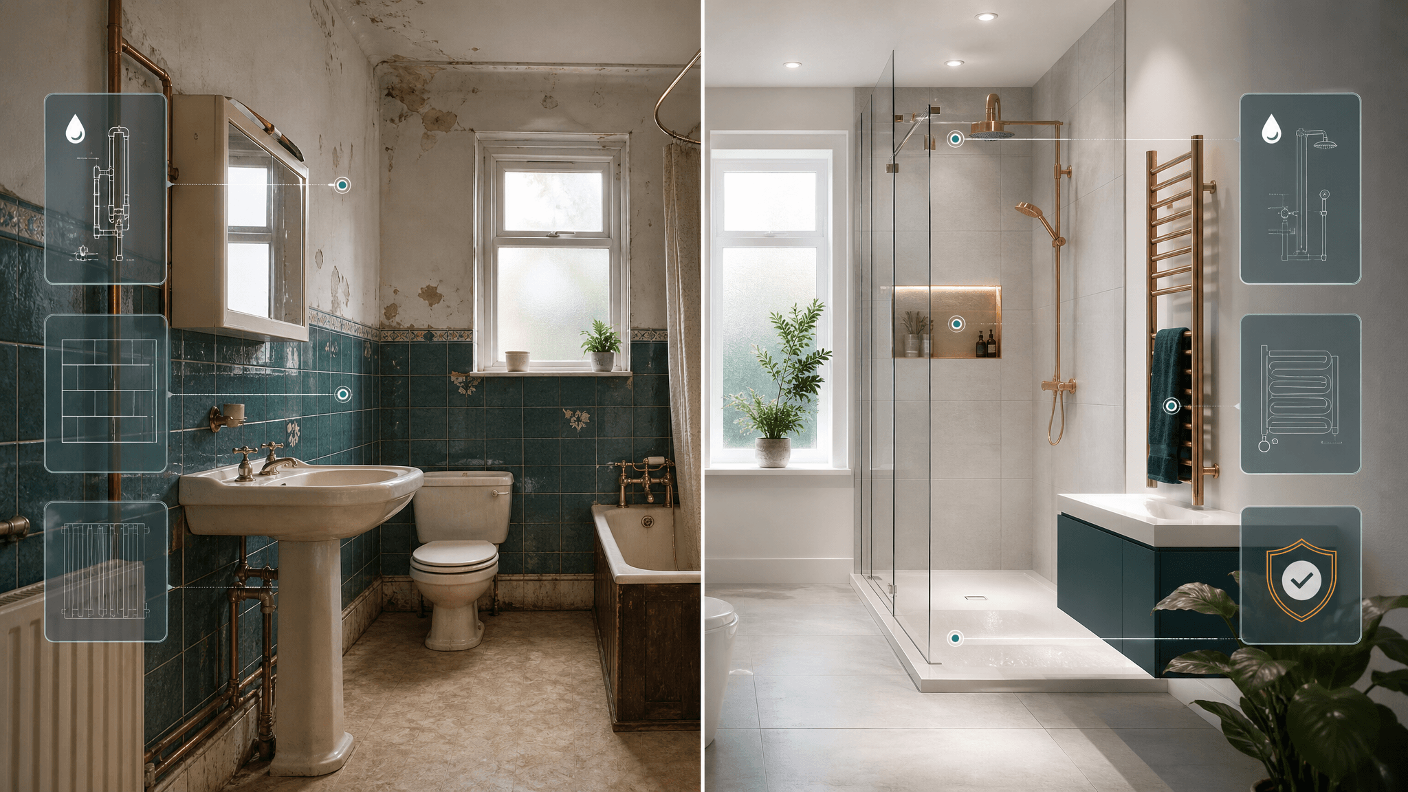 Bathroom shown before and after renovation with diagnostic overlays