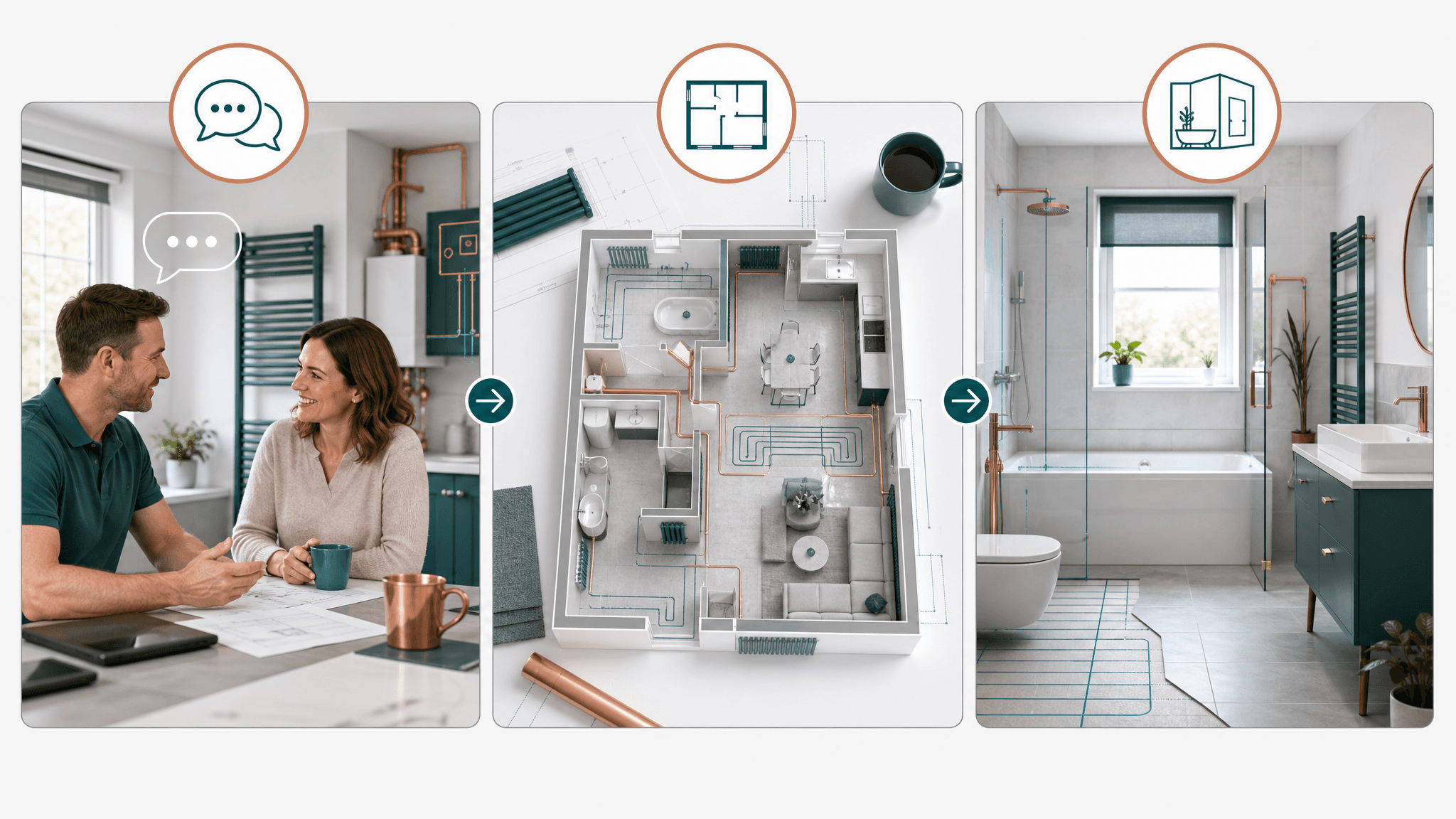 Three step process: describe the problem, plan the layout, picture the finished room